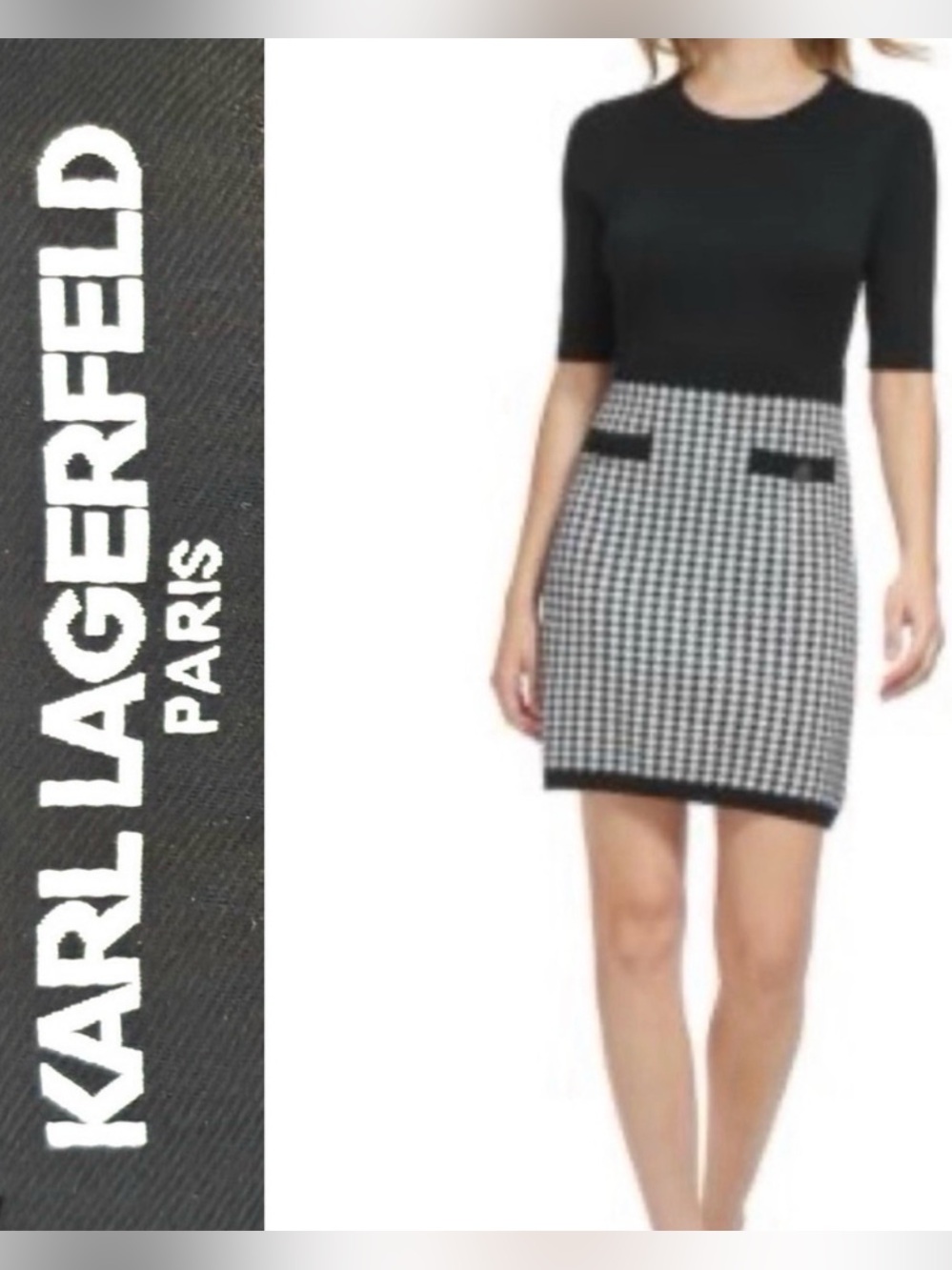 Karl Lagerfeld Dress Sweater knit houndstooth black white business office XL NWT